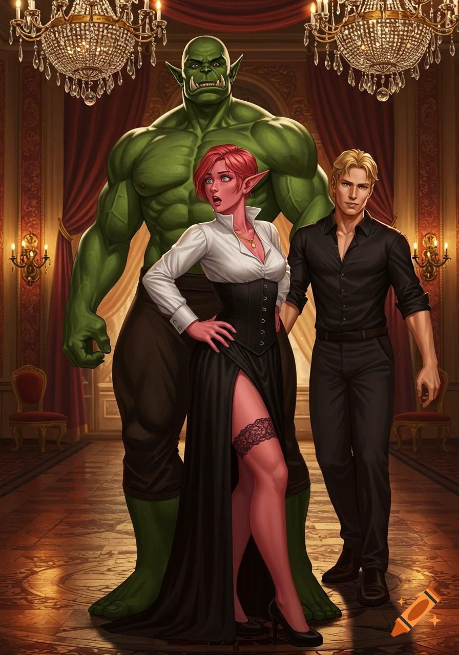 A large green orc stands behind a pink-skinned elf in a black dress, who looks surprised. A blond human man next to them looks angry in a ballroom.