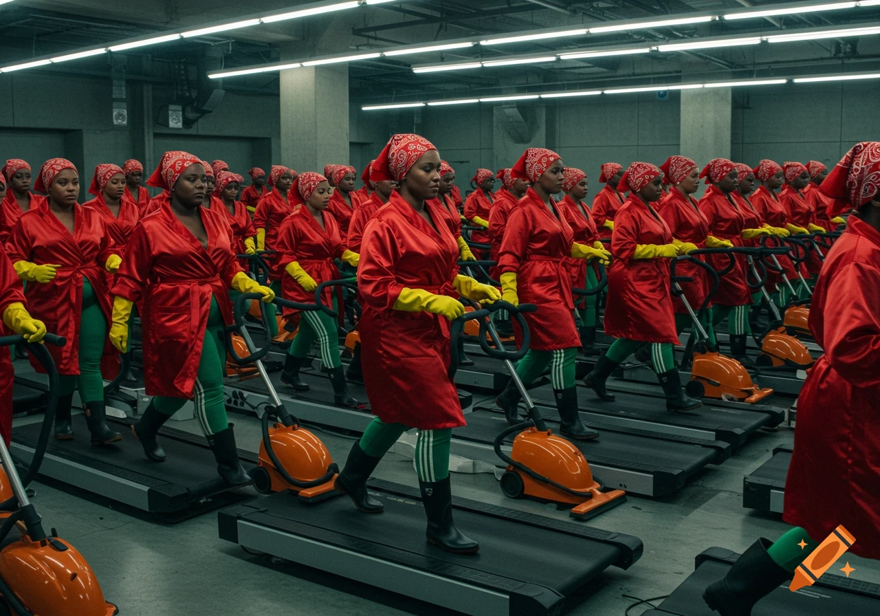Hundreds of women in red robes and yellow gloves walk on treadmills, pushing orange vacuum cleaners in a dystopian, stark hall.