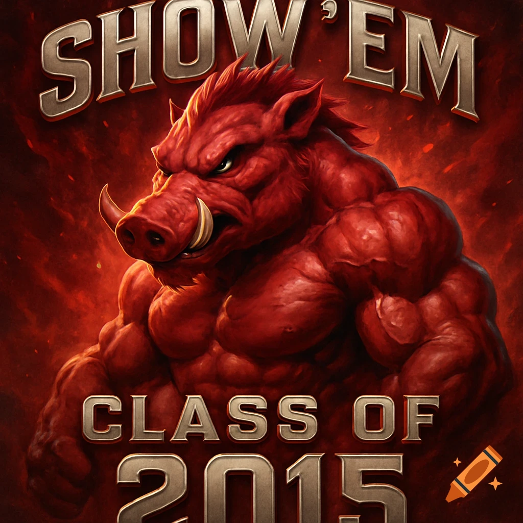 A muscular red boar with large tusks on a fiery red background, with metallic text "SHOW 'EM CLASS OF 2015".
