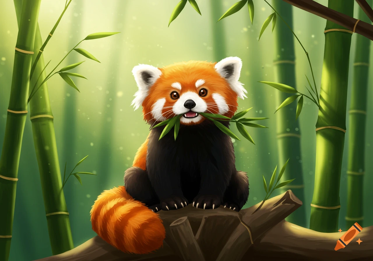 A cute cartoon red panda sits on a log, holding green bamboo leaves in its mouth, in a vibrant bamboo forest.
