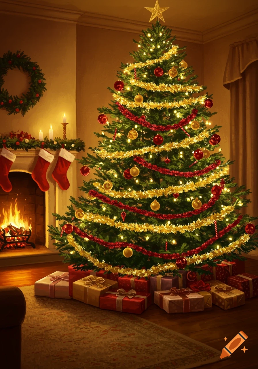 A warmly lit Christmas tree adorned with gold and red decorations, surrounded by gifts, stands beside a cozy fireplace with hung stockings.