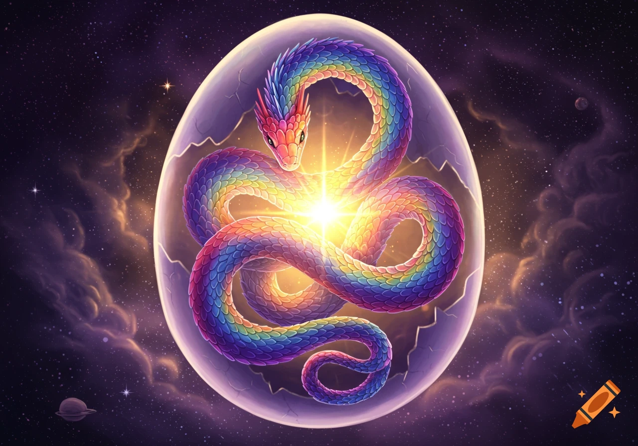 A vibrant rainbow serpent coils inside a glowing, cracked egg in a cosmic, starry space setting.