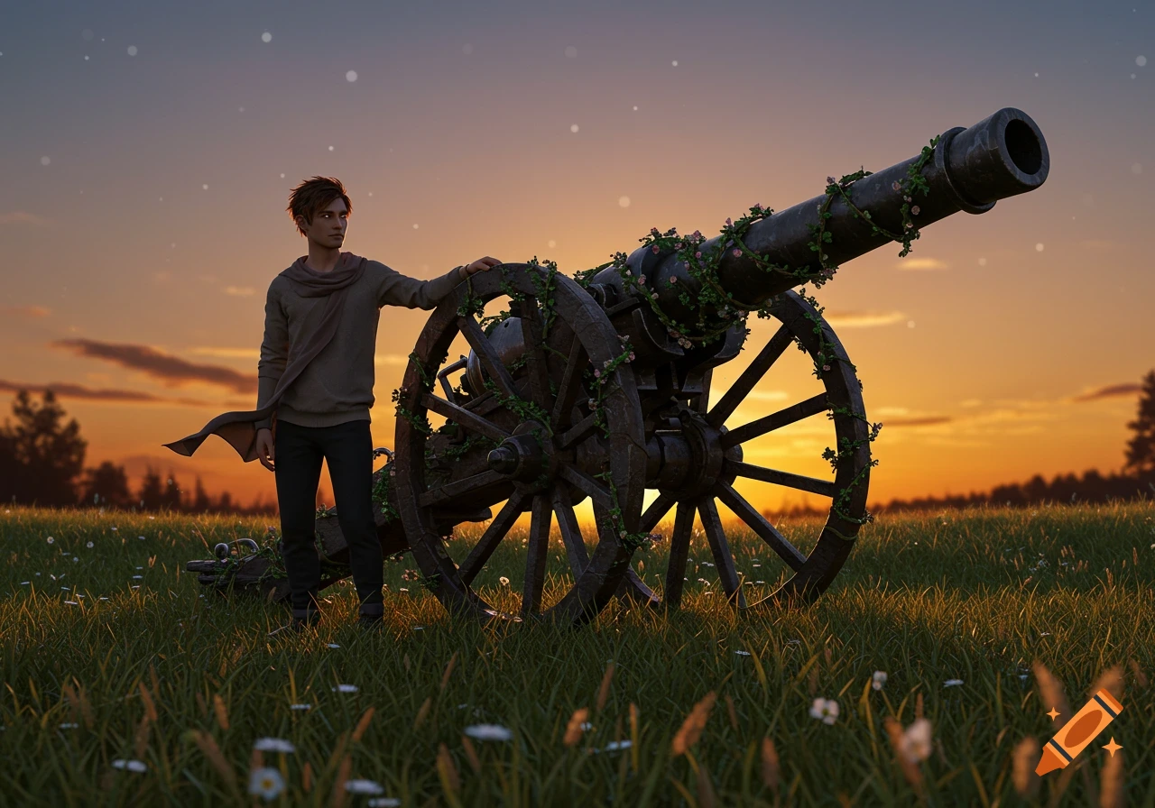 A young man stands next to an old cannon overgrown with vines and flowers in a grassy field at sunset, digital art.