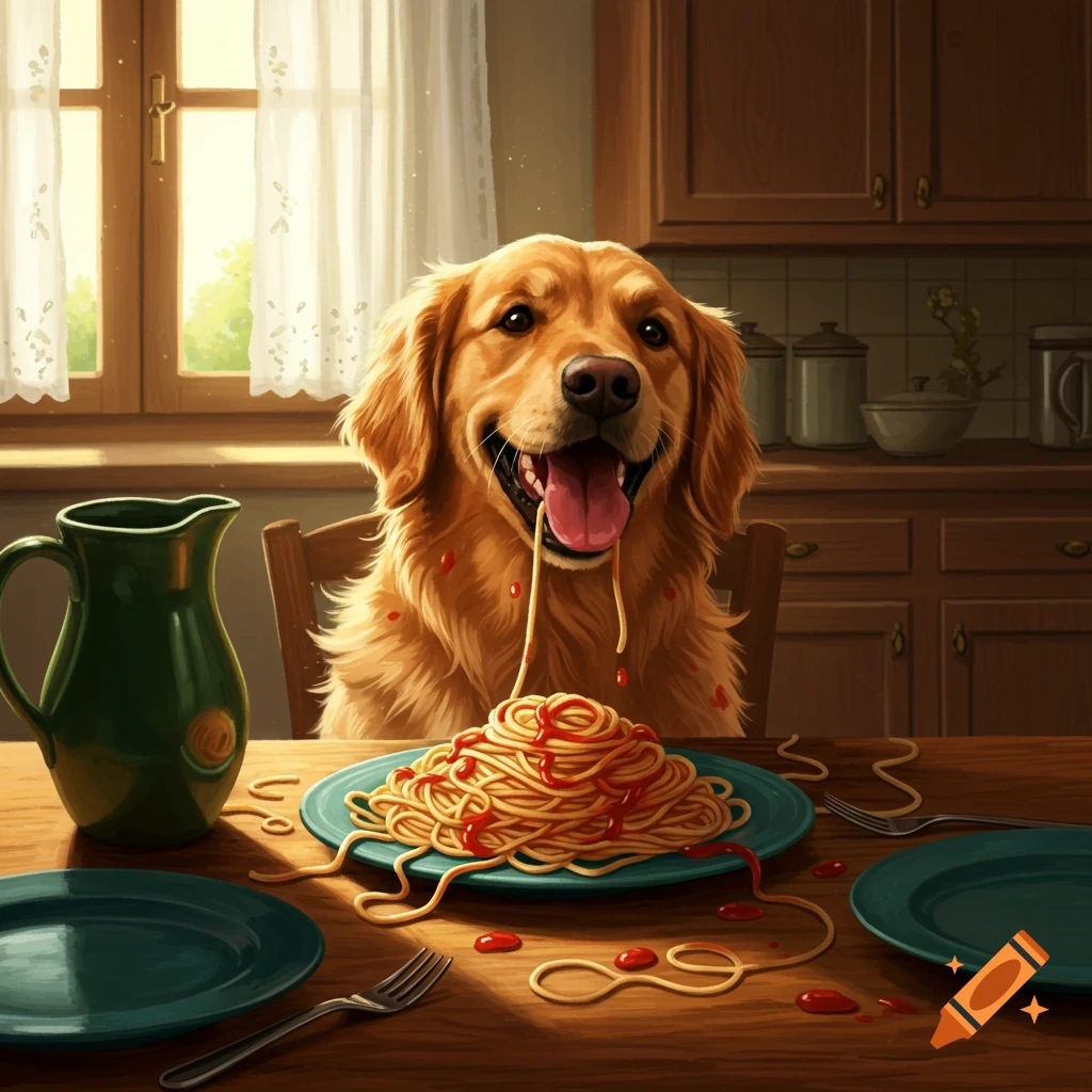 A happy golden retriever sits at a kitchen table, smiling with spaghetti strands hanging from its mouth, with a large plate of spaghetti in front of it.