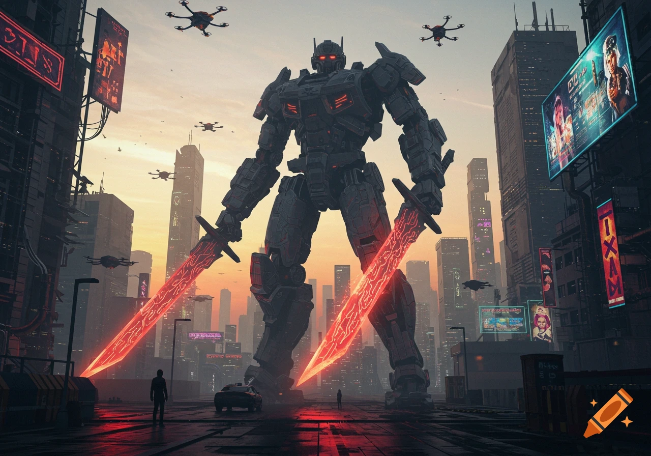 A towering black robot with glowing red swords stands in a futuristic city at sunset, with drones flying overhead.