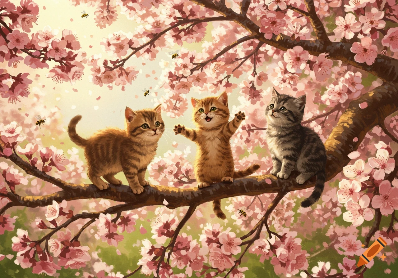 Three cute tabby kittens play on a cherry blossom tree branch with bees, depicted in a vibrant illustration style.