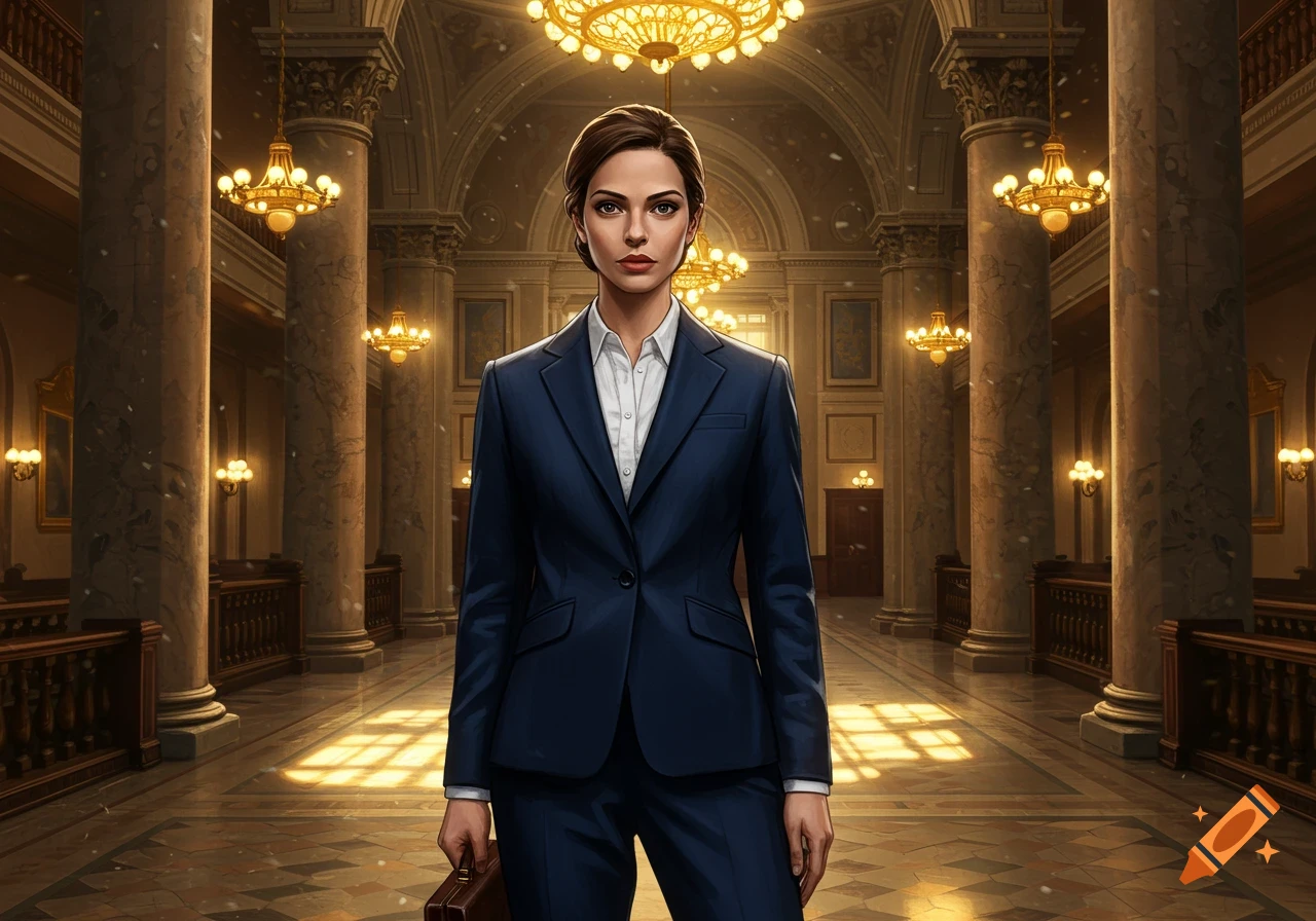A serious woman attorney in a navy suit stands in a grand, opulent hall with pillars and chandeliers.