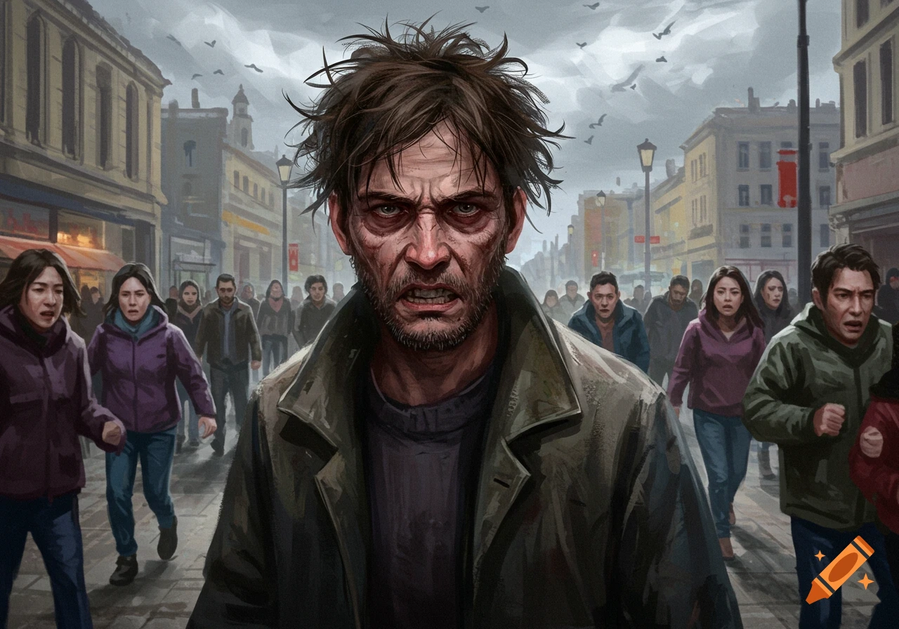 Intense illustration of a disheveled, angry man glaring forward on a crowded, moody city street with distressed people.