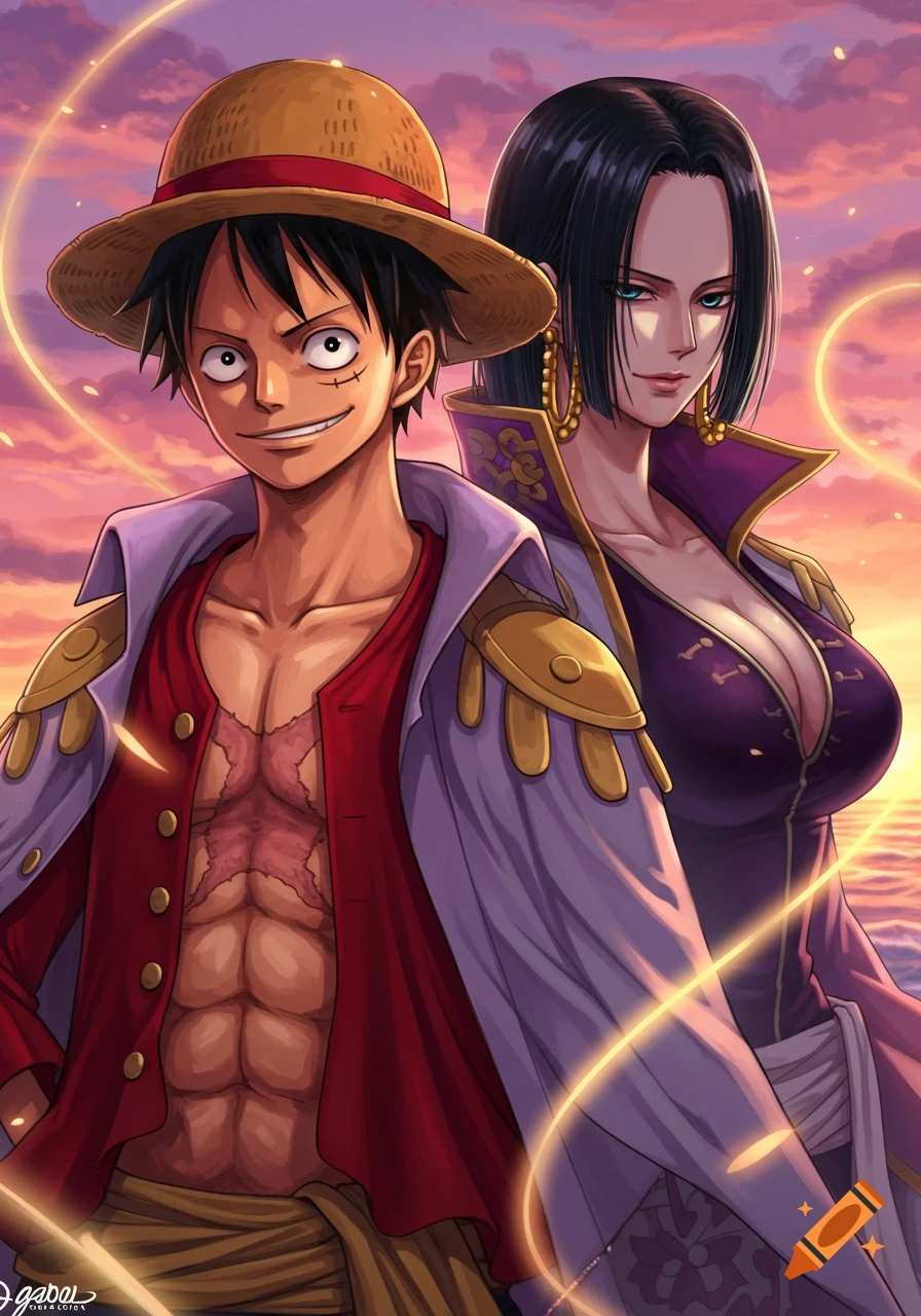 Anime illustration of Luffy and Boa Hancock, from One Piece, standing by the ocean at sunset with glowing effects.