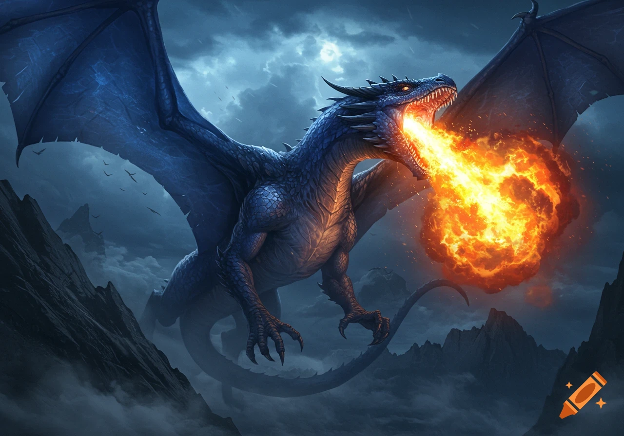 A majestic blue dragon with large wings soars through dark, cloudy mountains, breathing a massive, bright orange fireball.