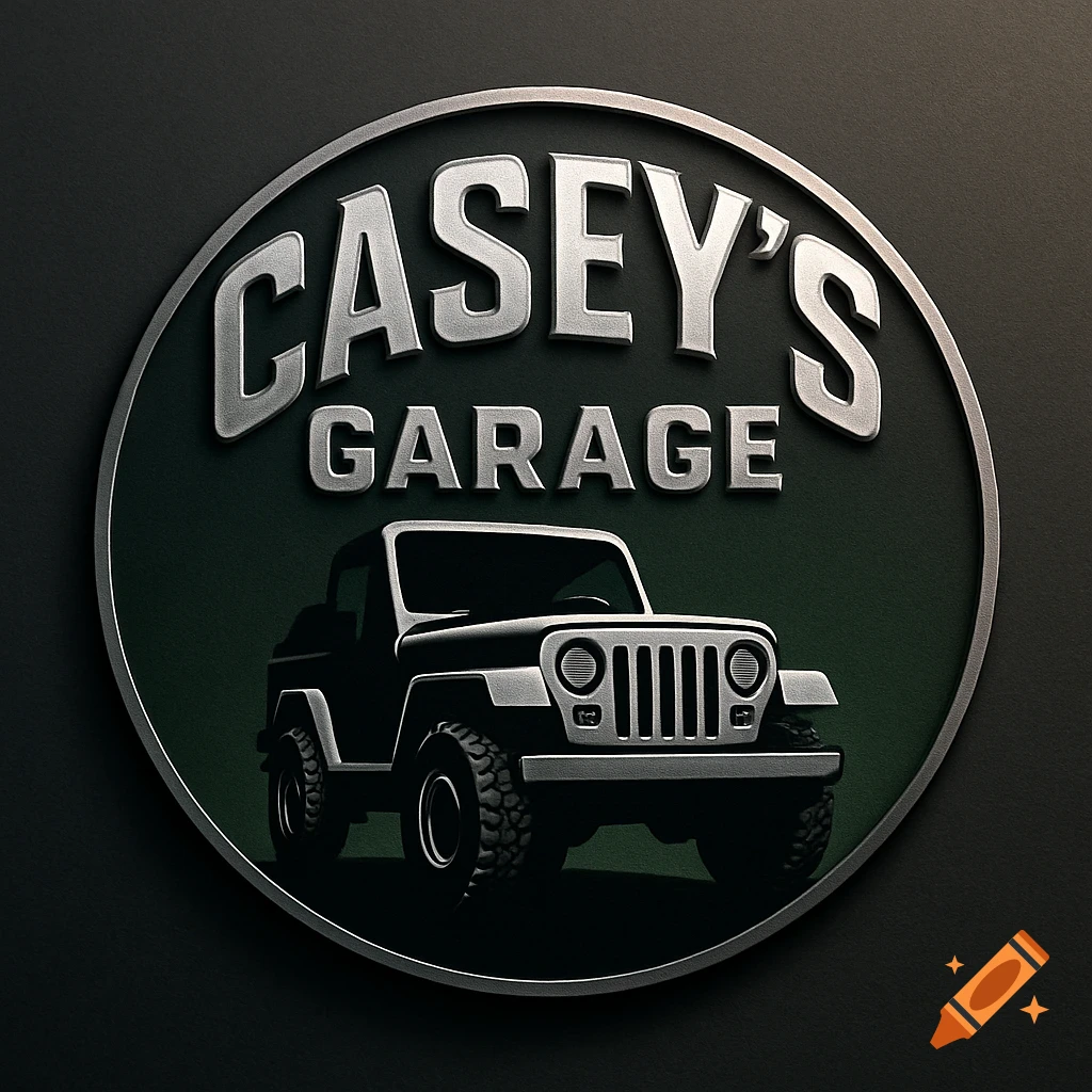 Metallic gray and green circular logo for Casey's Garage with a black illustration of a jeep.