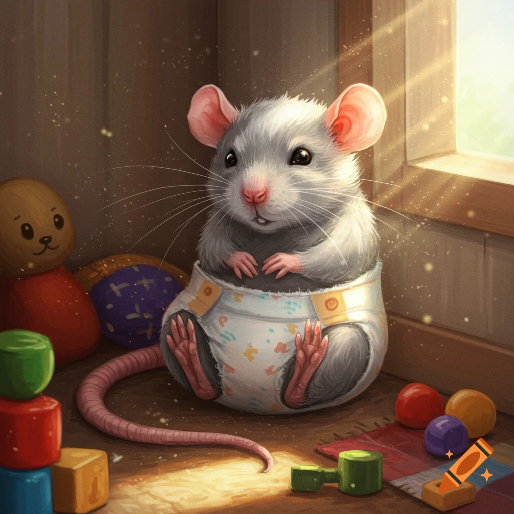 An adorable grey rat wearing a diaper sits on a wooden floor surrounded by colorful baby toys, bathed in sunlight from a window.