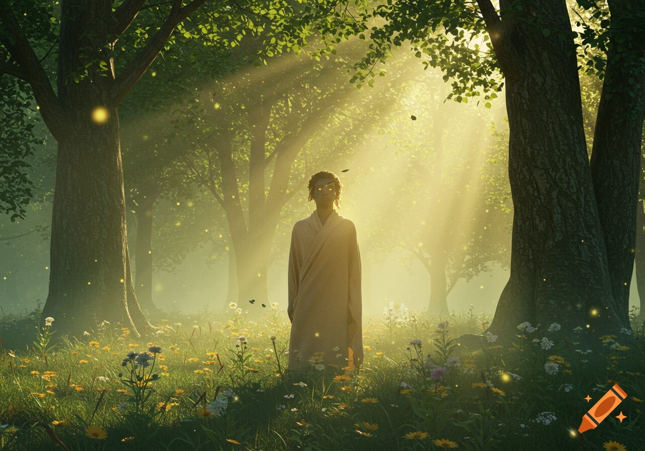 A robed figure with glowing eyes stands in a sunlit, mystical forest filled with wildflowers and fireflies.