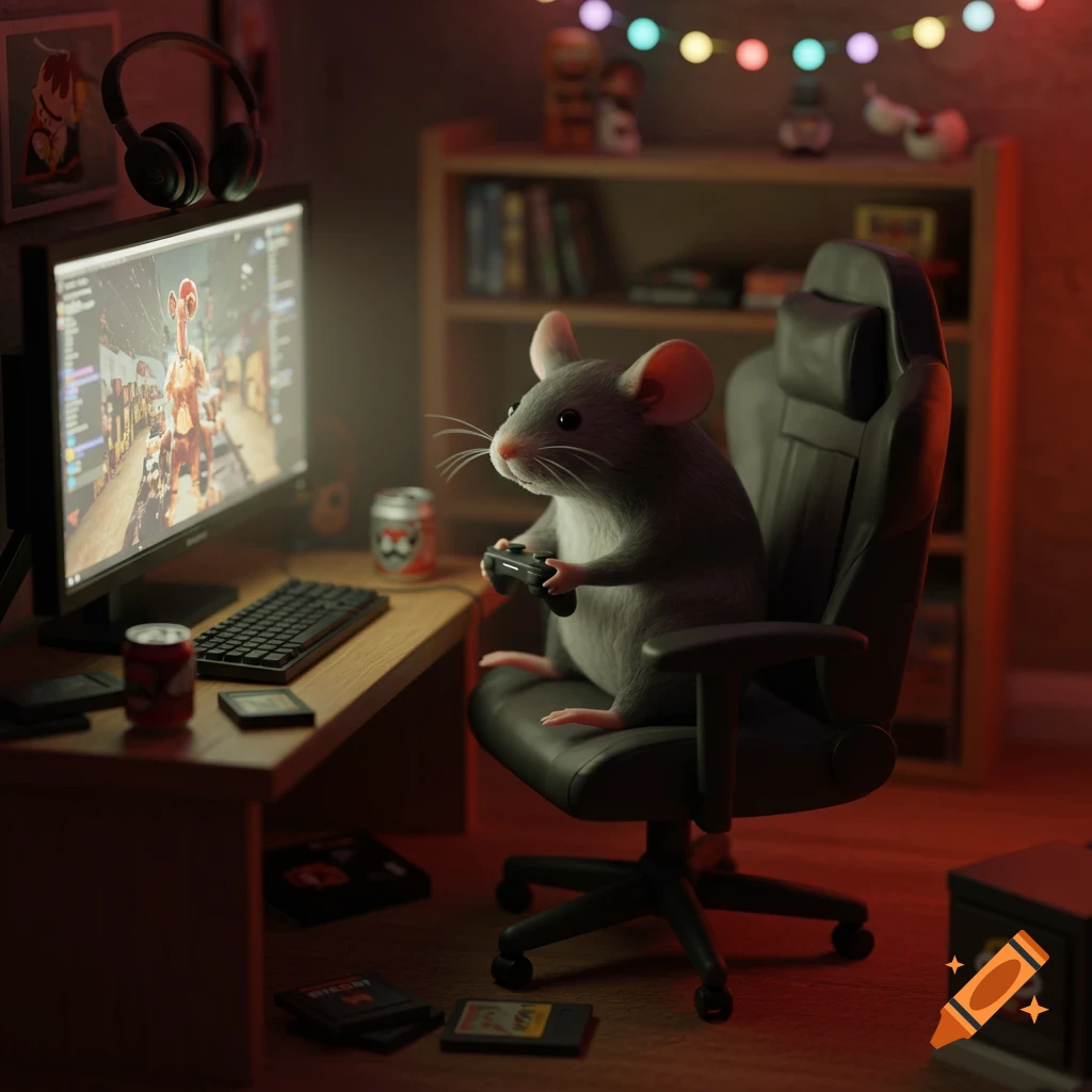 A cute gray mouse sits in a gaming chair, holding a controller and playing video games on a monitor in a dim, cozy room. Photorealistic style.