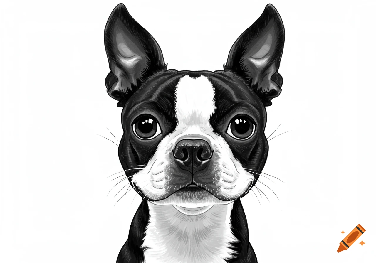 Close-up black and white caricature drawing of a Boston Terrier's head, facing forward with large dark eyes.