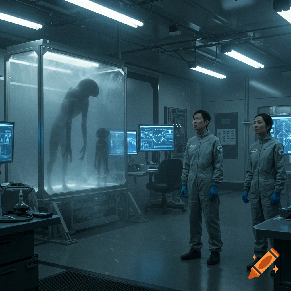 Two scientists in a dimly lit laboratory observe shadowy alien figures suspended in containment tanks.