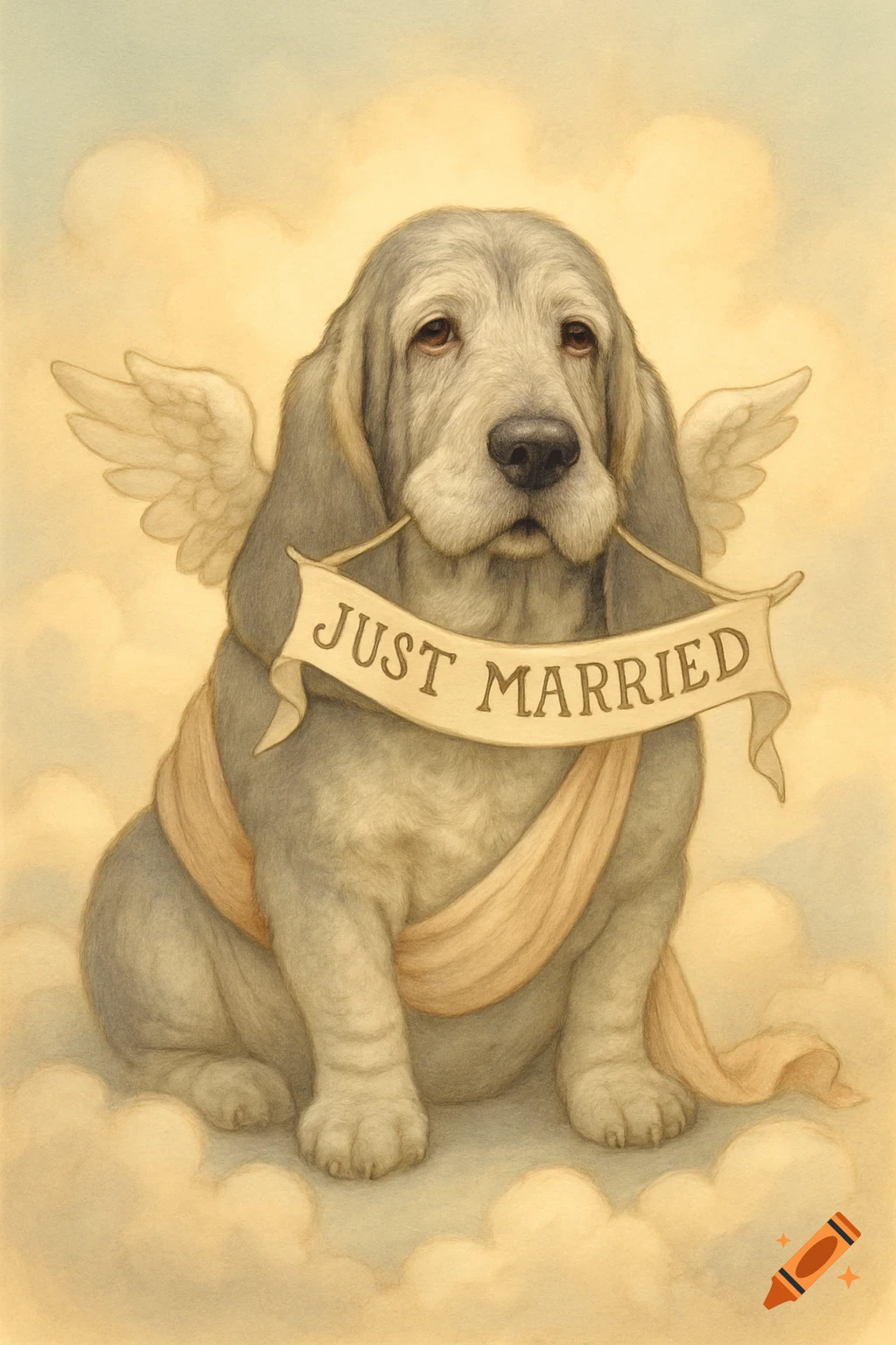 Illustrated basset hound cherub angel sitting on clouds, holding a 'JUST MARRIED' banner.