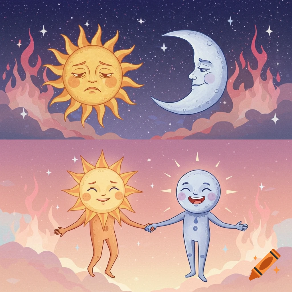 Two-panel illustration: top, a sad sun and moon in a night sky; bottom, a happy, anthropomorphic sun and moon holding hands.