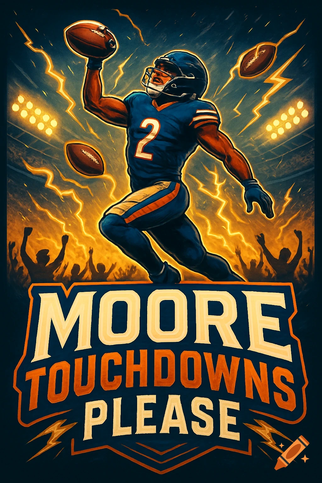 A stylized American football player in a blue and orange uniform with number 2, catching a ball amidst lightning, with the text 'MOORE TOUCHDOWNS PLEASE' below.