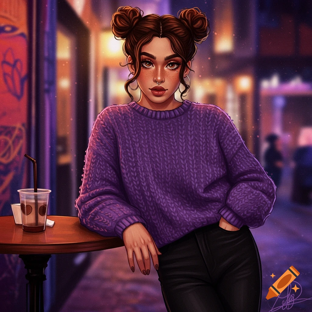 Digital art illustration of a woman with brown space buns, purple sweater, black pants, and a nose ring, leaning on a table on a city street at night.