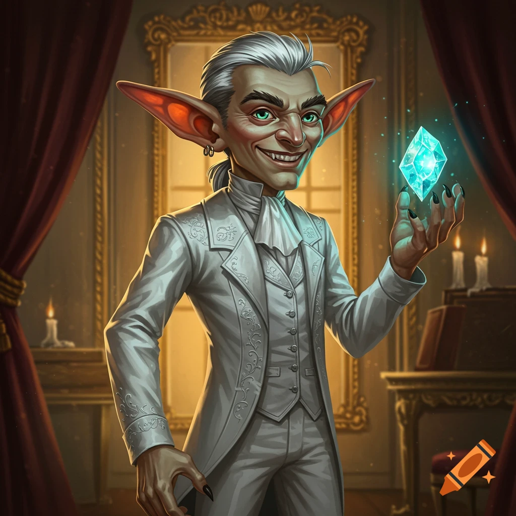 A stylized illustration of a goblin-like man with silver hair and green eyes, wearing a fancy white suit, holding a glowing blue gem in a luxurious room.