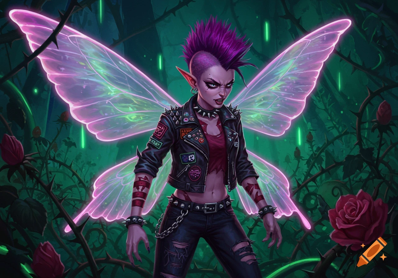 A punk rock fairy with a purple mohawk, leather jacket, and glowing pink wings stands in a thorny, glowing green forest.