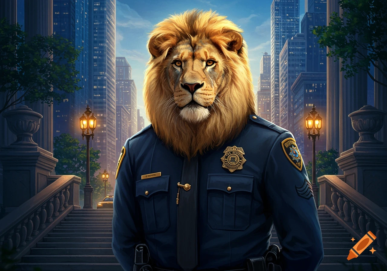 A majestic lion, wearing a dark blue police uniform with badges, stands on grand steps in a bustling city with tall buildings.