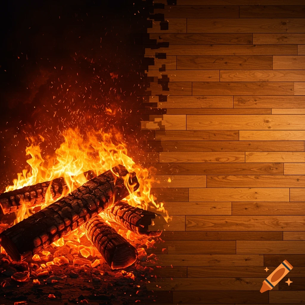 A stylized gradient of a blazing campfire with burning logs transitioning into a wooden plank wall.