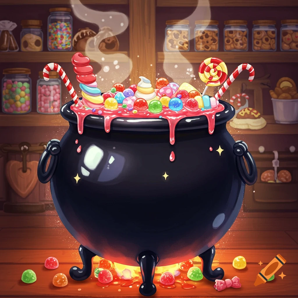 A cartoon black cauldron overflows with colorful candies and pink syrup, with more candies scattered on a wooden floor and shelves in the background.