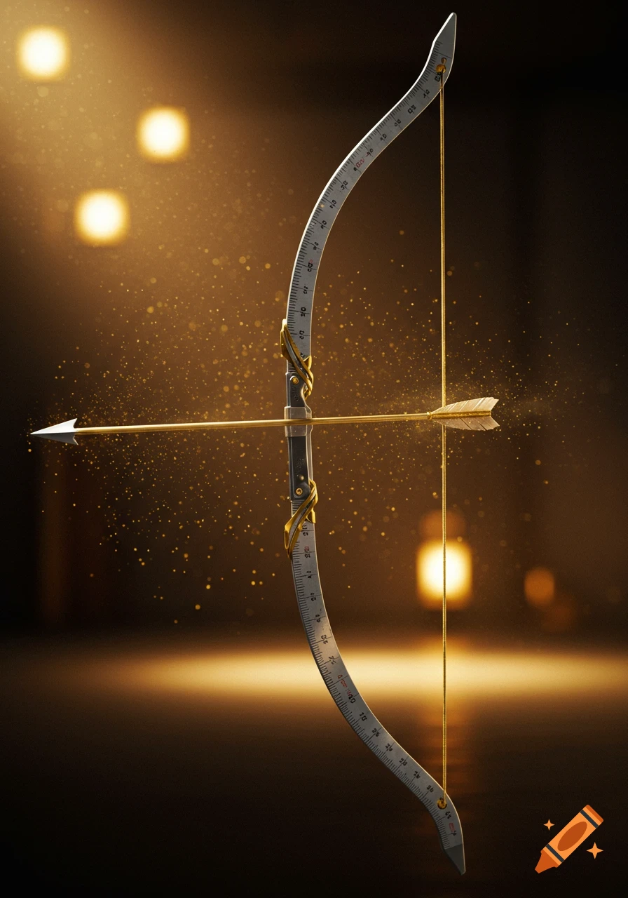 A silver bow made from a ruler and a golden arrow, glowing with golden particles against a dark, warm-lit background.