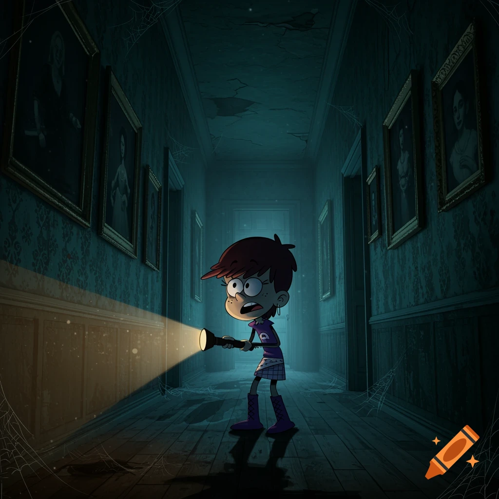 Luna Loud from The Loud House, looking scared, walks through a dark, cobwebbed mansion hallway, illuminating it with a flashlight.