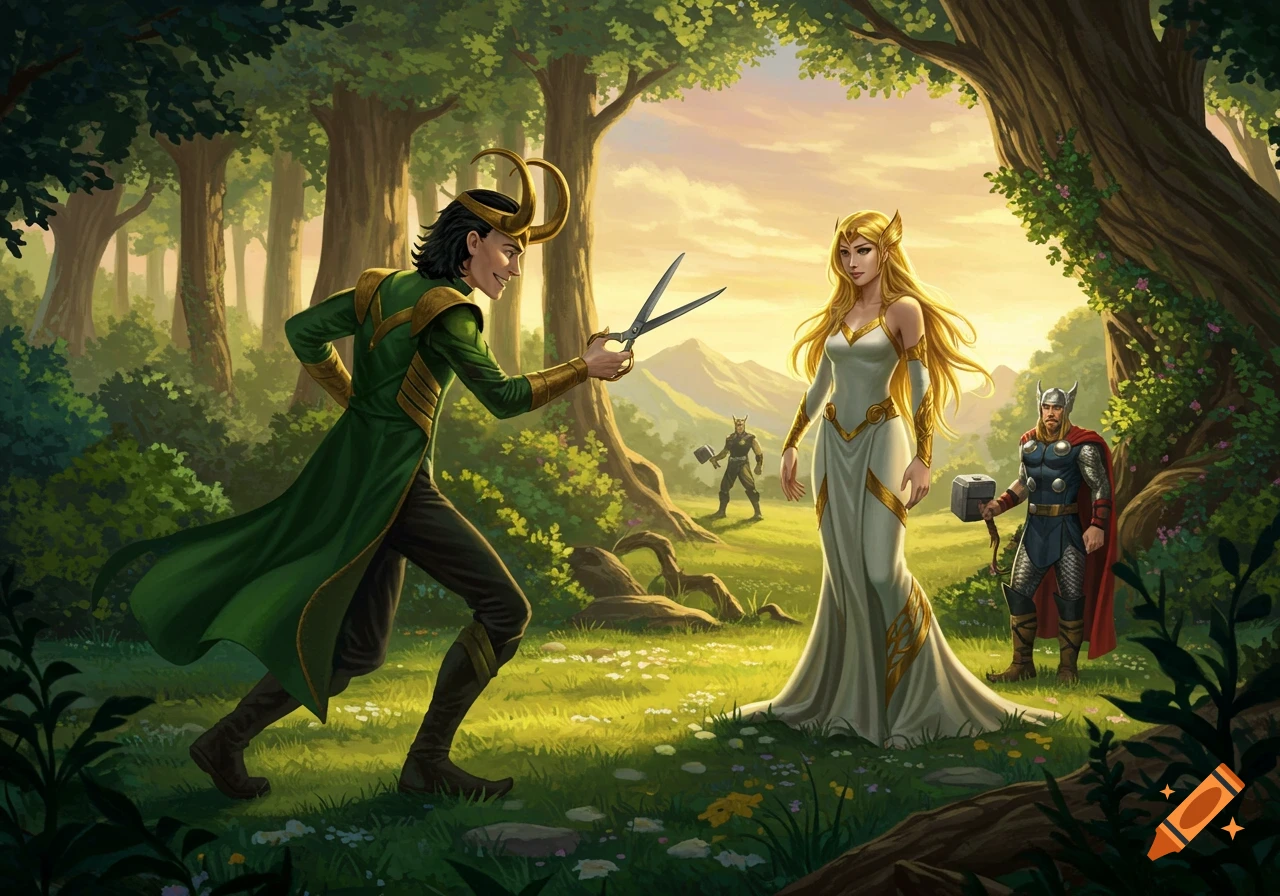 Illustrated fantasy scene of Loki with a mischievous grin holding scissors behind Sif, with Thor in a sunny forest.
