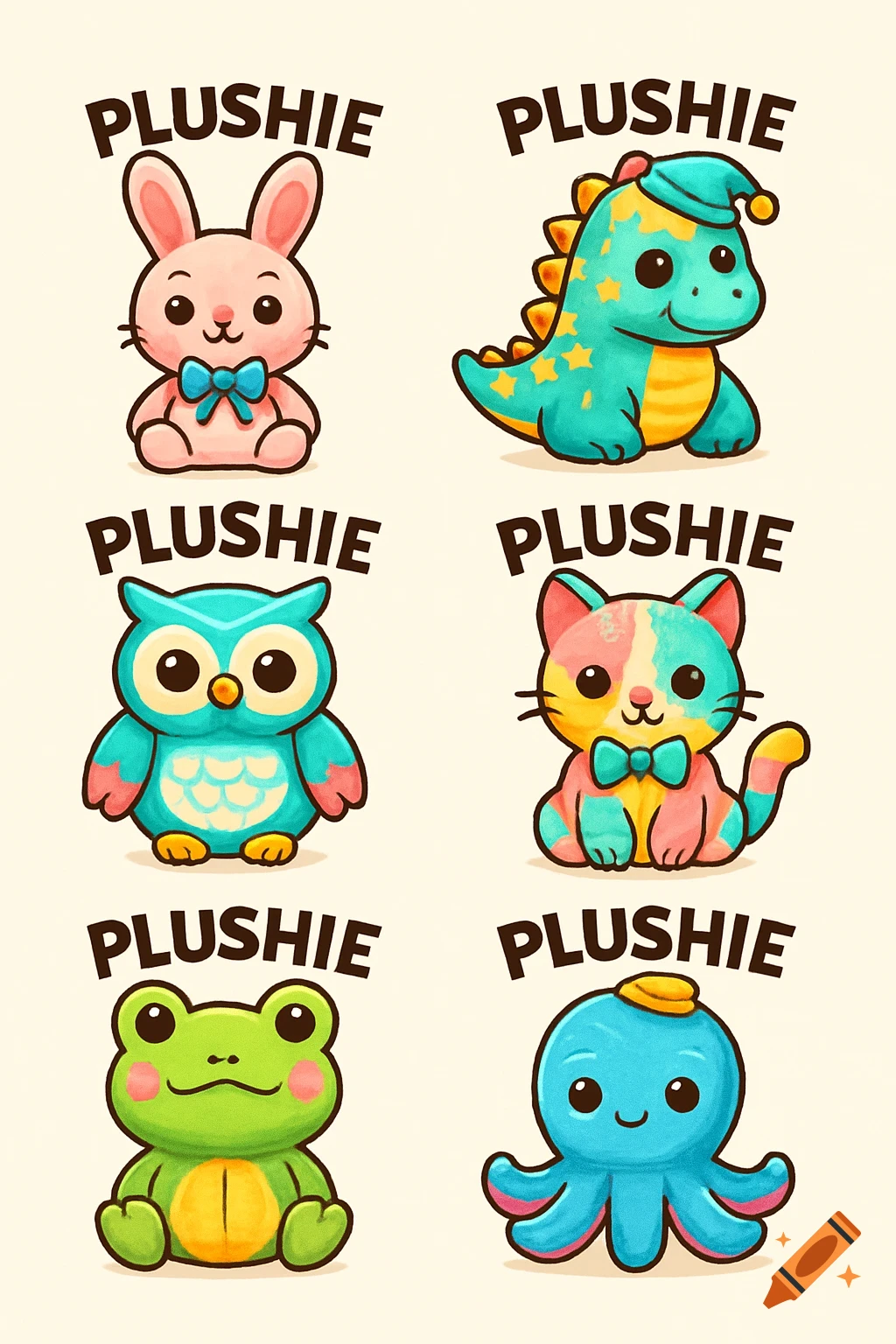 Six cute, colorful cartoon plushie illustrations: a bunny, dinosaur, owl, cat, frog, and octopus, each labeled 'PLUSHIE'.