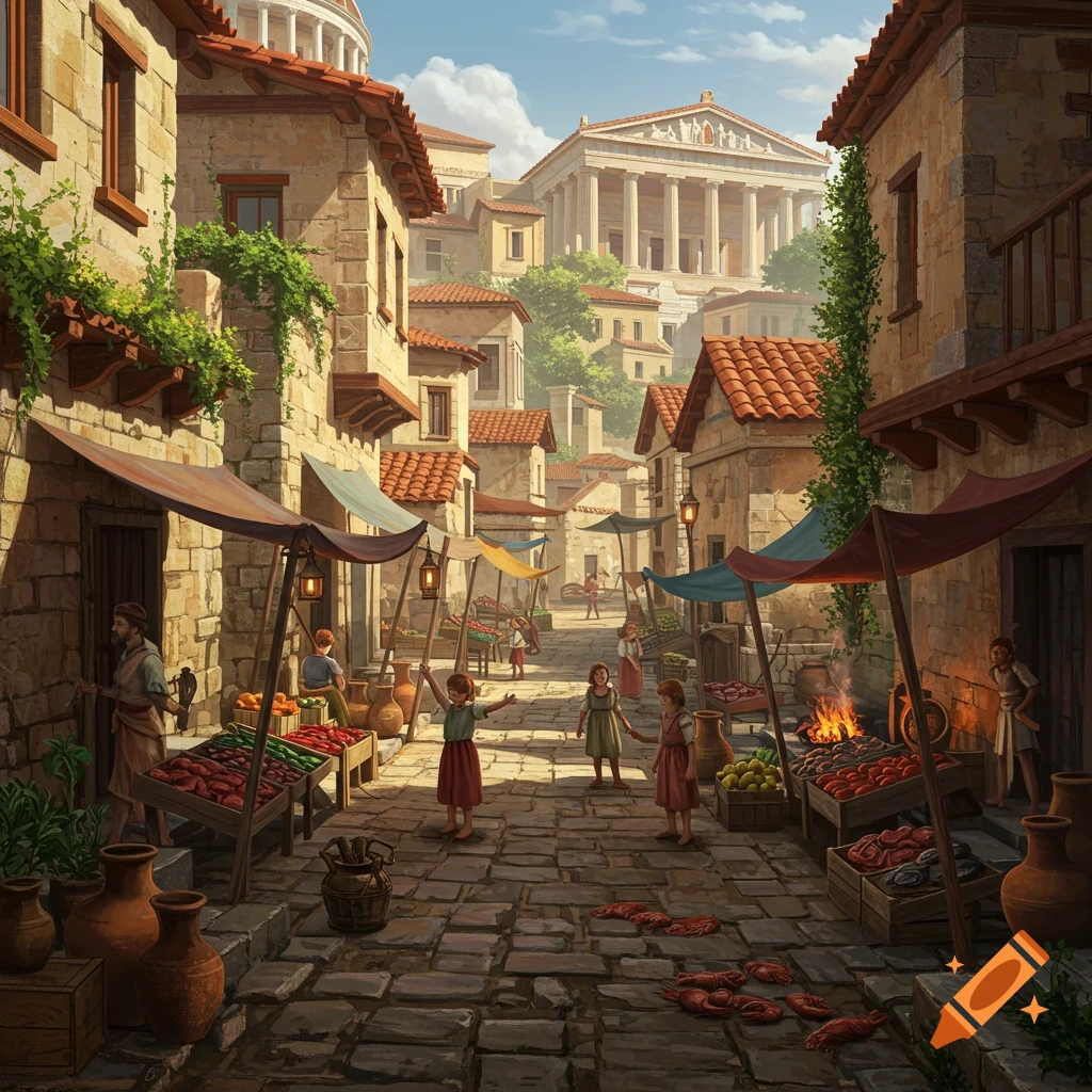 A vibrant market street in an ancient Greco-Roman city, with people, vendor stalls, and historic buildings leading to a grand temple.