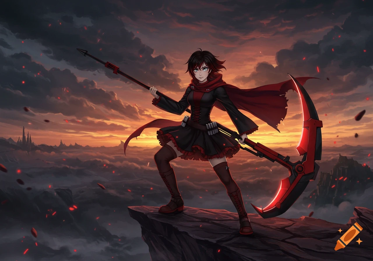 Anime girl Ruby Rose in a black and red outfit holds a large scythe on a cliff at sunset with embers.