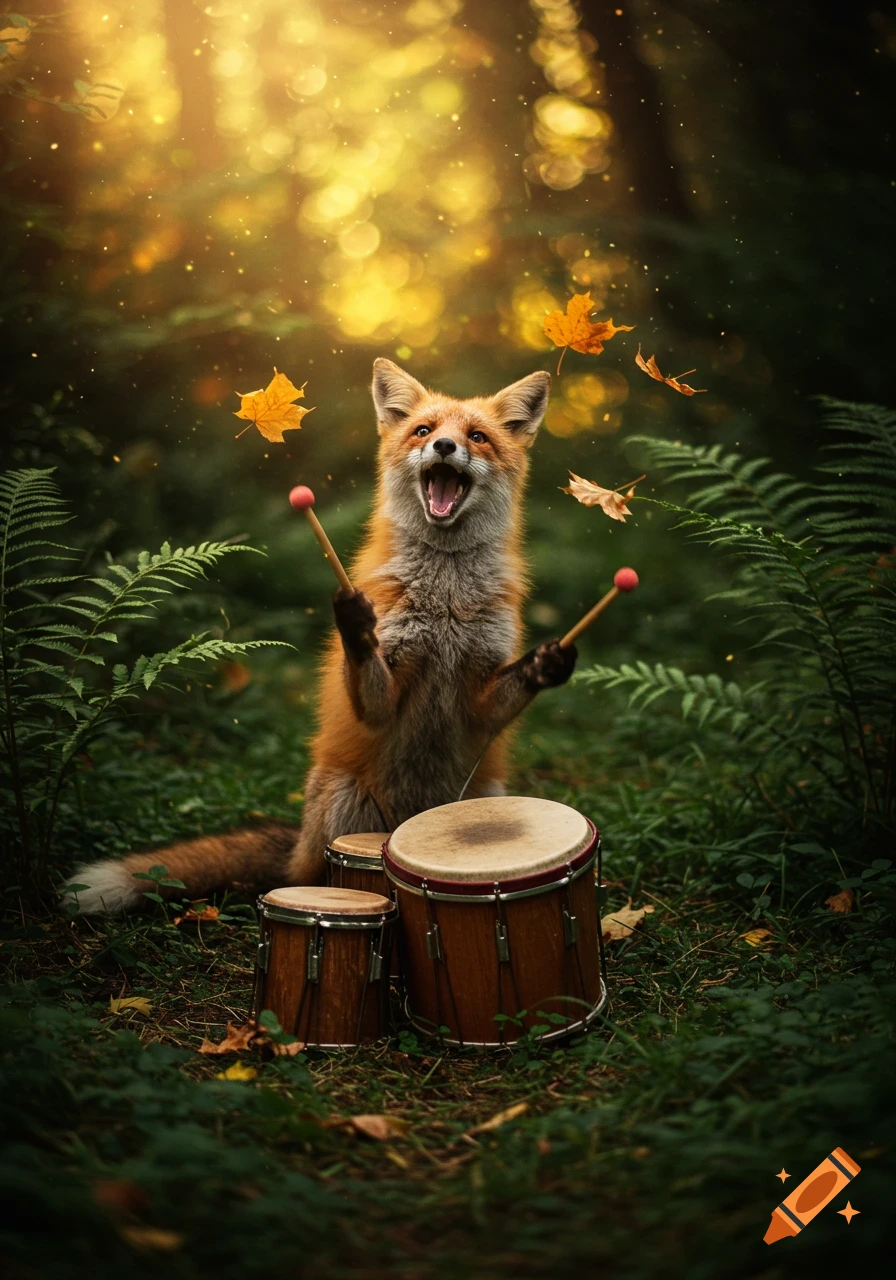 A happy fox plays drums in a sun-dappled autumn forest with falling leaves.