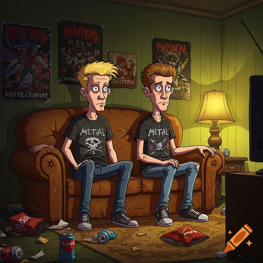 Two cartoon metalhead characters resembling Beavis and Butthead sit on a brown sofa in a messy, dimly lit living room with band posters and a TV.