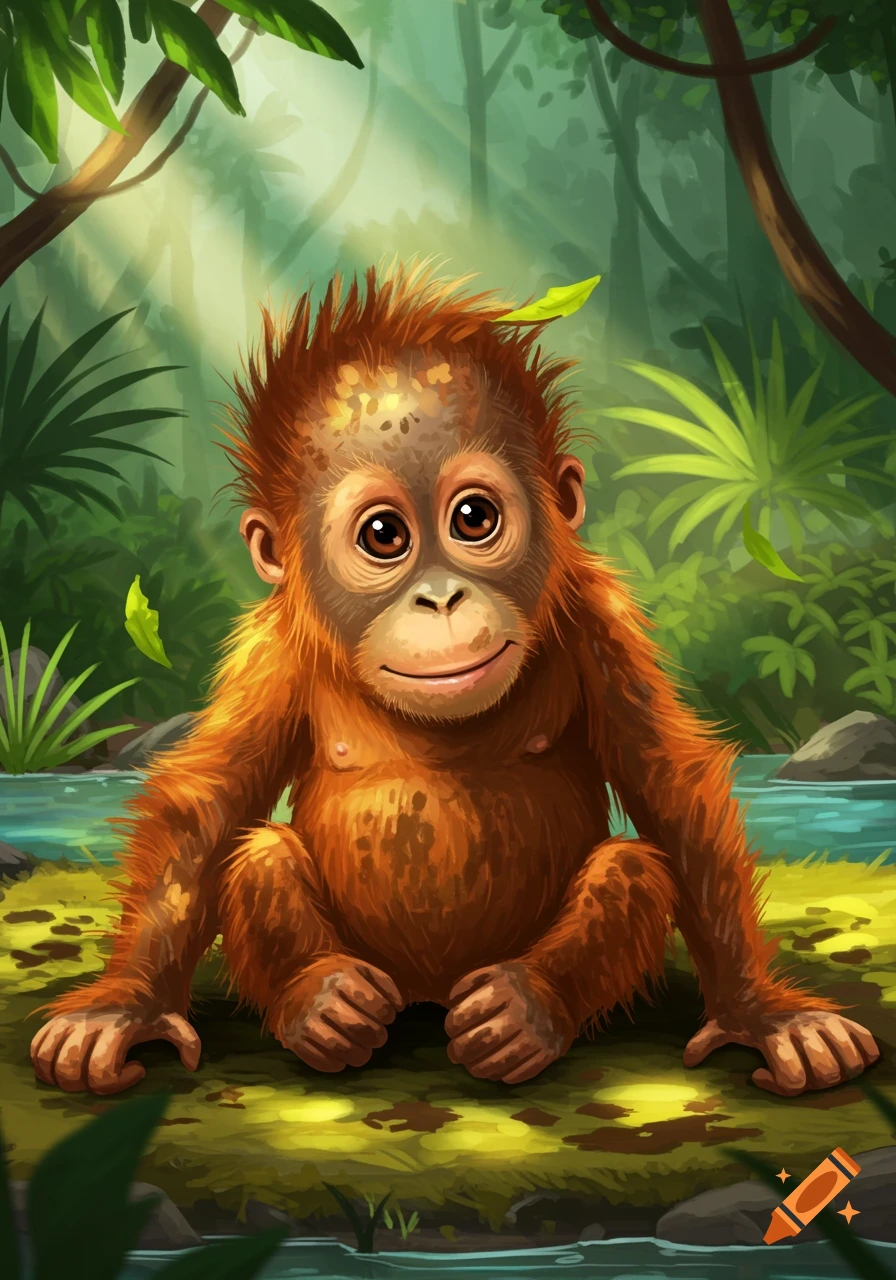 Cute cartoon baby orangutan with shaggy orange fur sitting in a lush green jungle by a stream.