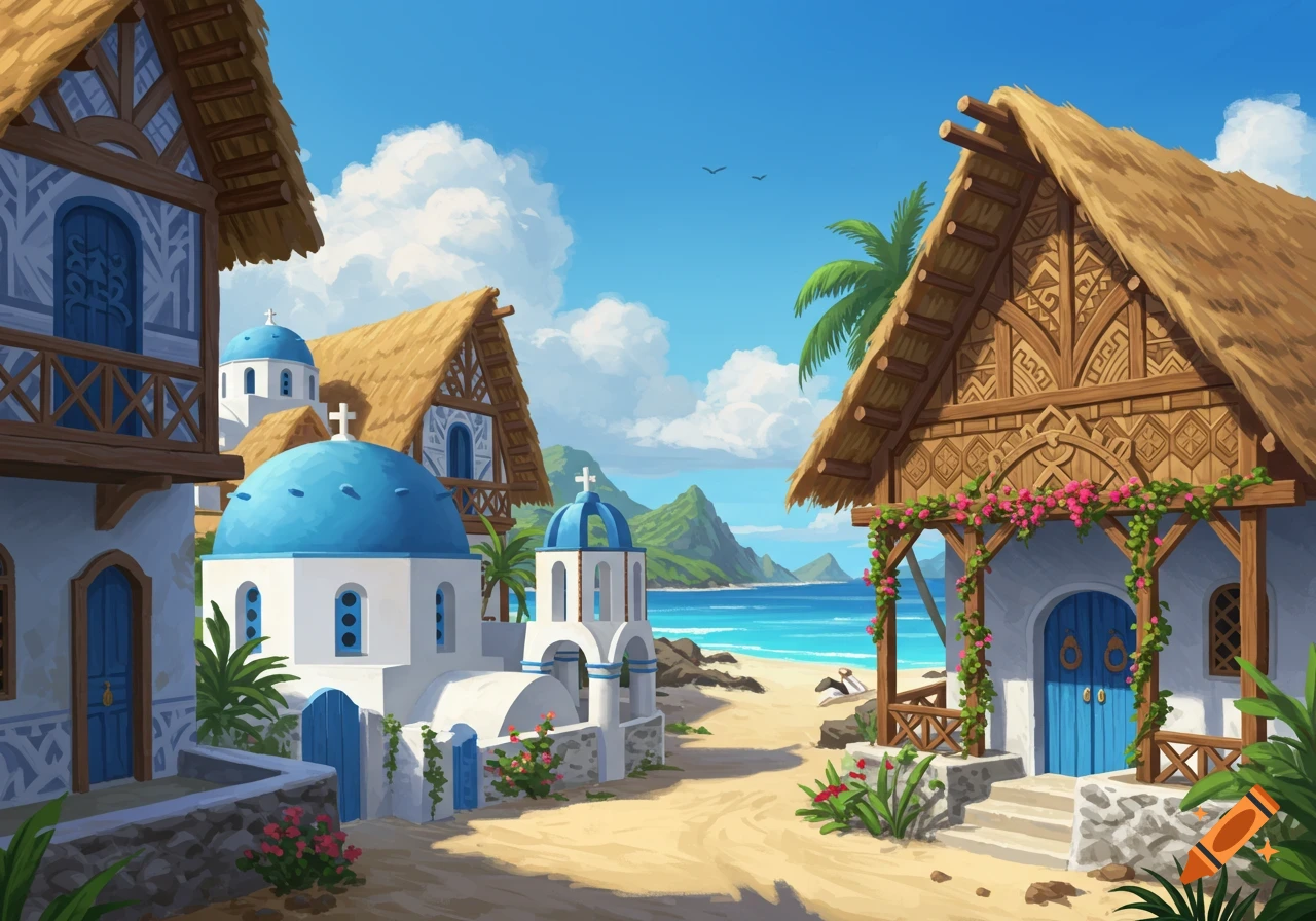 Vibrant illustration of a tropical village with Greek-style white and blue buildings and thatched-roof houses on a sandy beach.