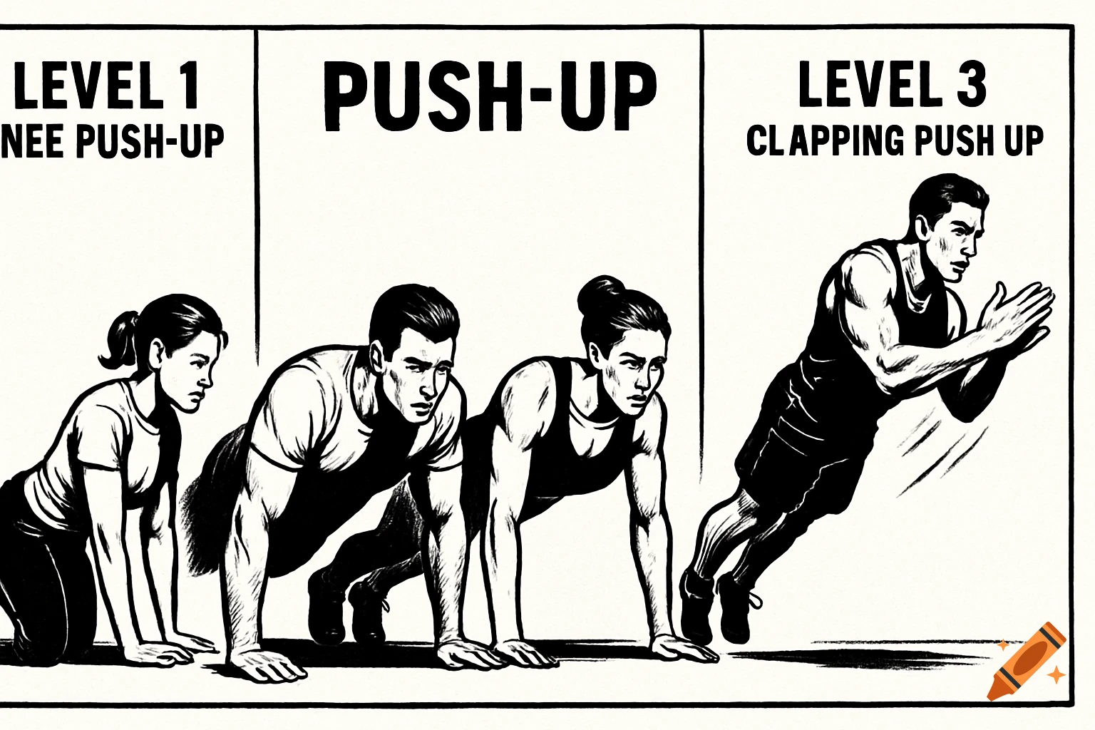 Black and white illustration showing three levels of push-ups: a woman doing a knee push-up, a man doing a classic push-up, and another man doing a clapping push-up.