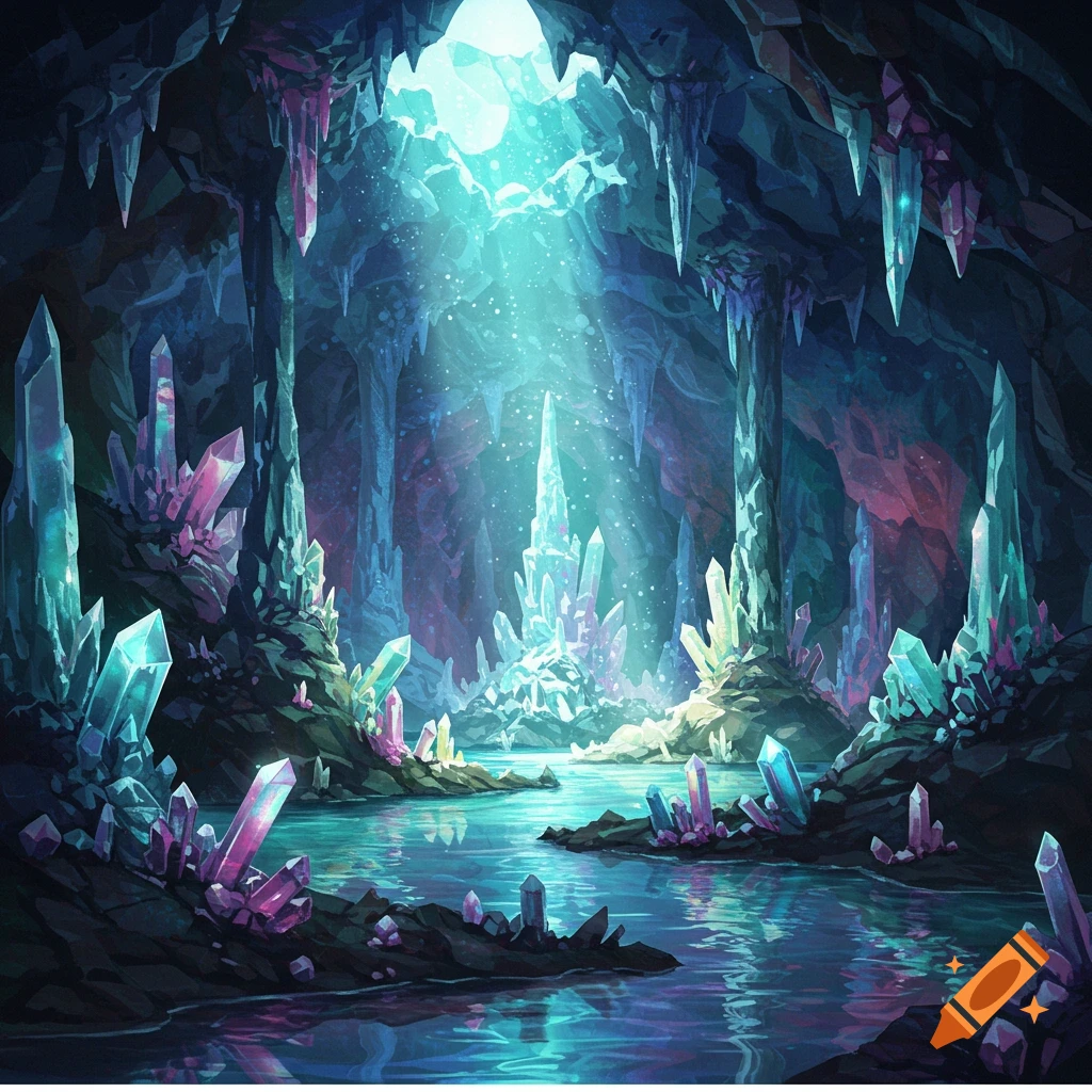 A vibrant fantasy crystal cave with glowing purple and teal crystals, a reflective pool of water, and bright light shining from above.