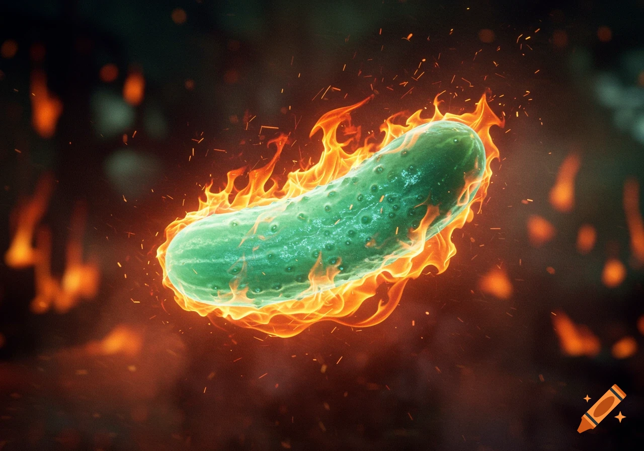 A photorealistic image of a green pickle engulfed in bright orange and yellow flames, floating in a dark, smoky background with embers.