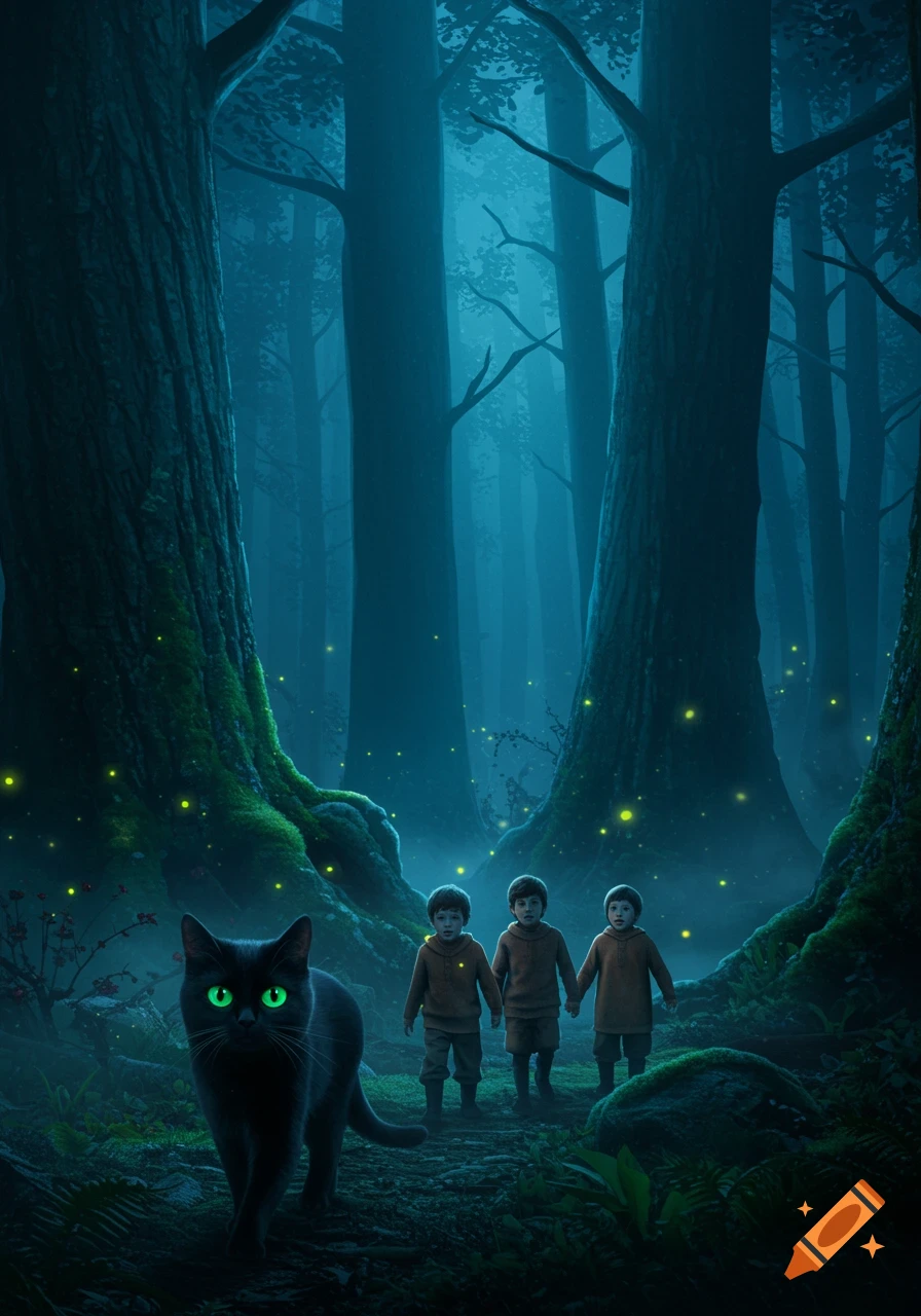 A black cat with glowing green eyes leads three children through a dark, mystical forest illuminated by firefly-like particles.