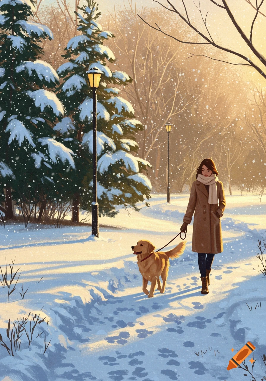 An illustration of a woman in a brown coat walking a golden retriever on a snowy path in a park with pine trees and warm sunlight.