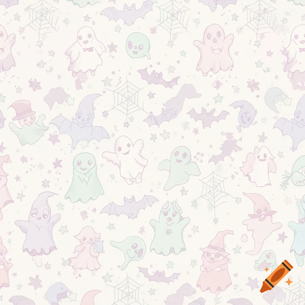 A seamless pastel-colored pattern featuring cute ghosts, bats, spiderwebs, and stars on a light background.