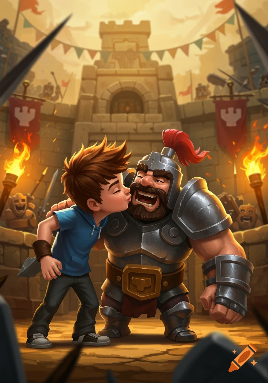 Cartoon boy kisses a large, bearded warrior in full armor within a medieval castle courtyard.