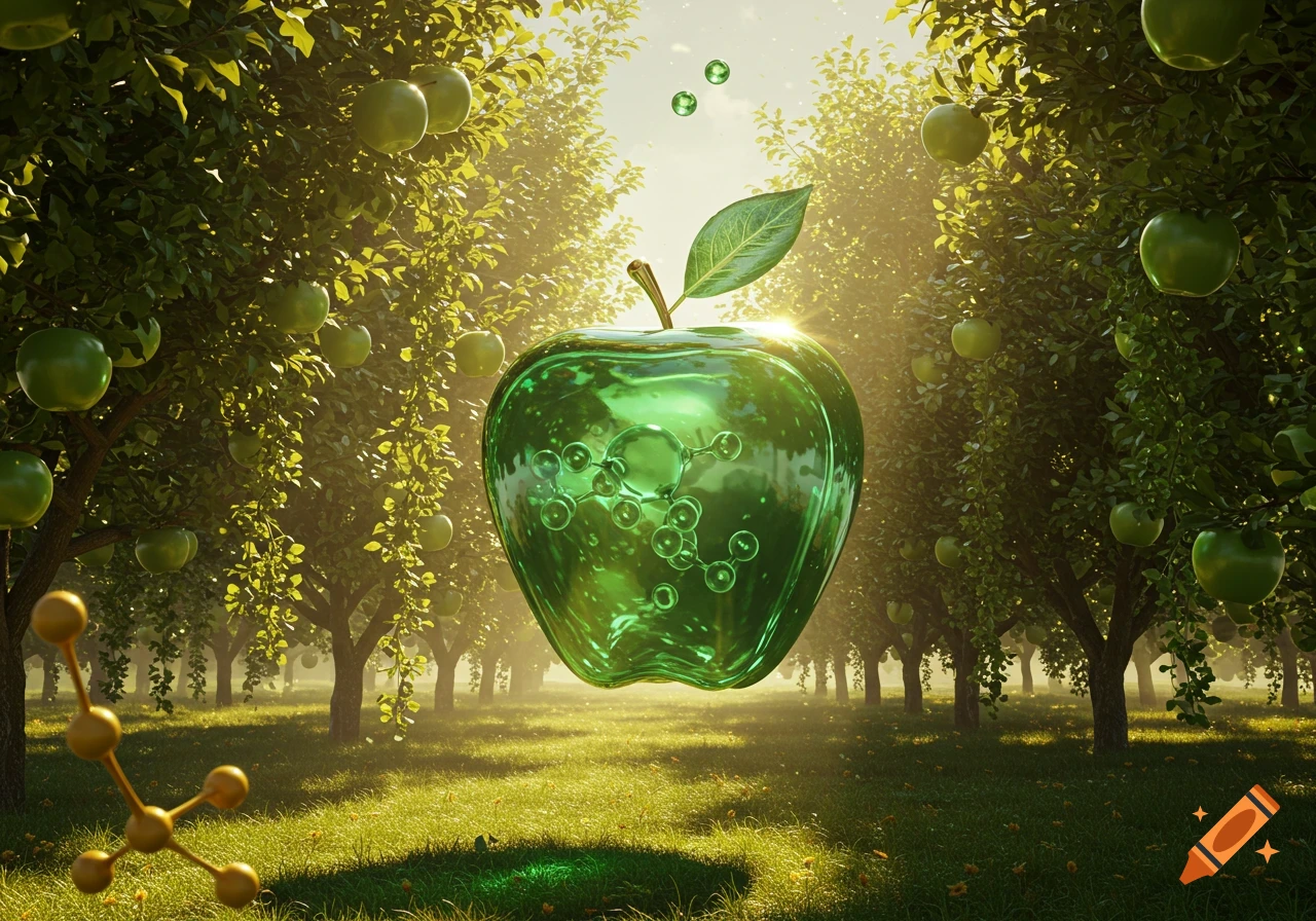 A shiny green apple with molecular structures inside glows in a sunlit apple orchard.