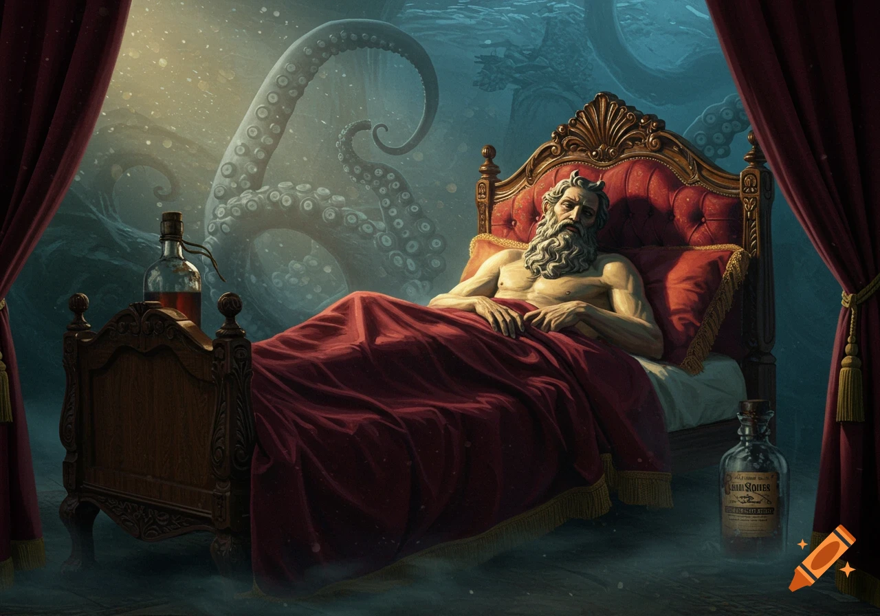 A bearded, shirtless man in a grand bed looks towards giant kraken tentacles in an underwater bedroom scene, with liquor bottles nearby.