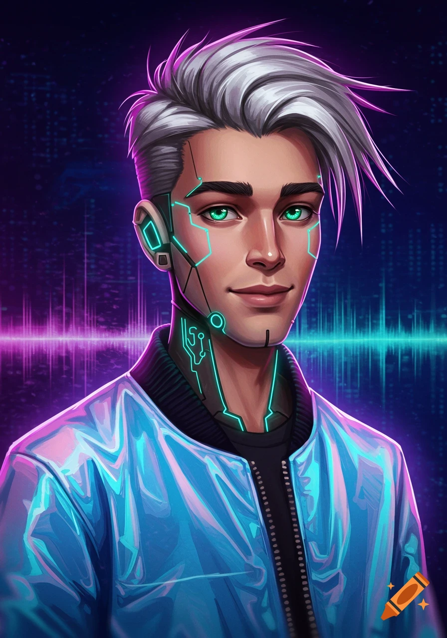 A digital art portrait of a futuristic young man with silver hair, glowing green eyes, cybernetic face implants, and a holographic blue jacket, against a neon sound wave background.