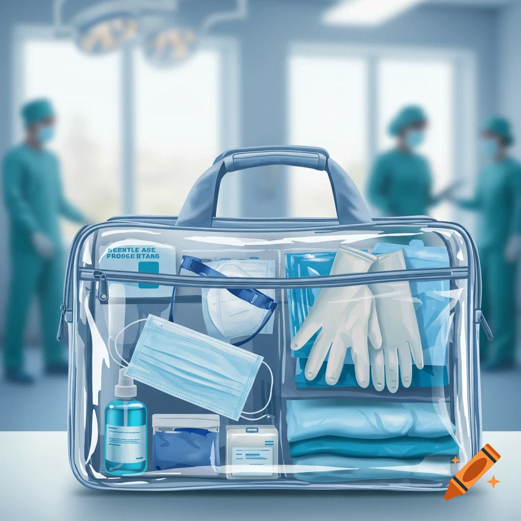 A transparent bag filled with medical personal protective equipment, including masks, gloves, hand sanitizer, and other supplies, with blurred medical personnel in a hospital background. Illustration style.